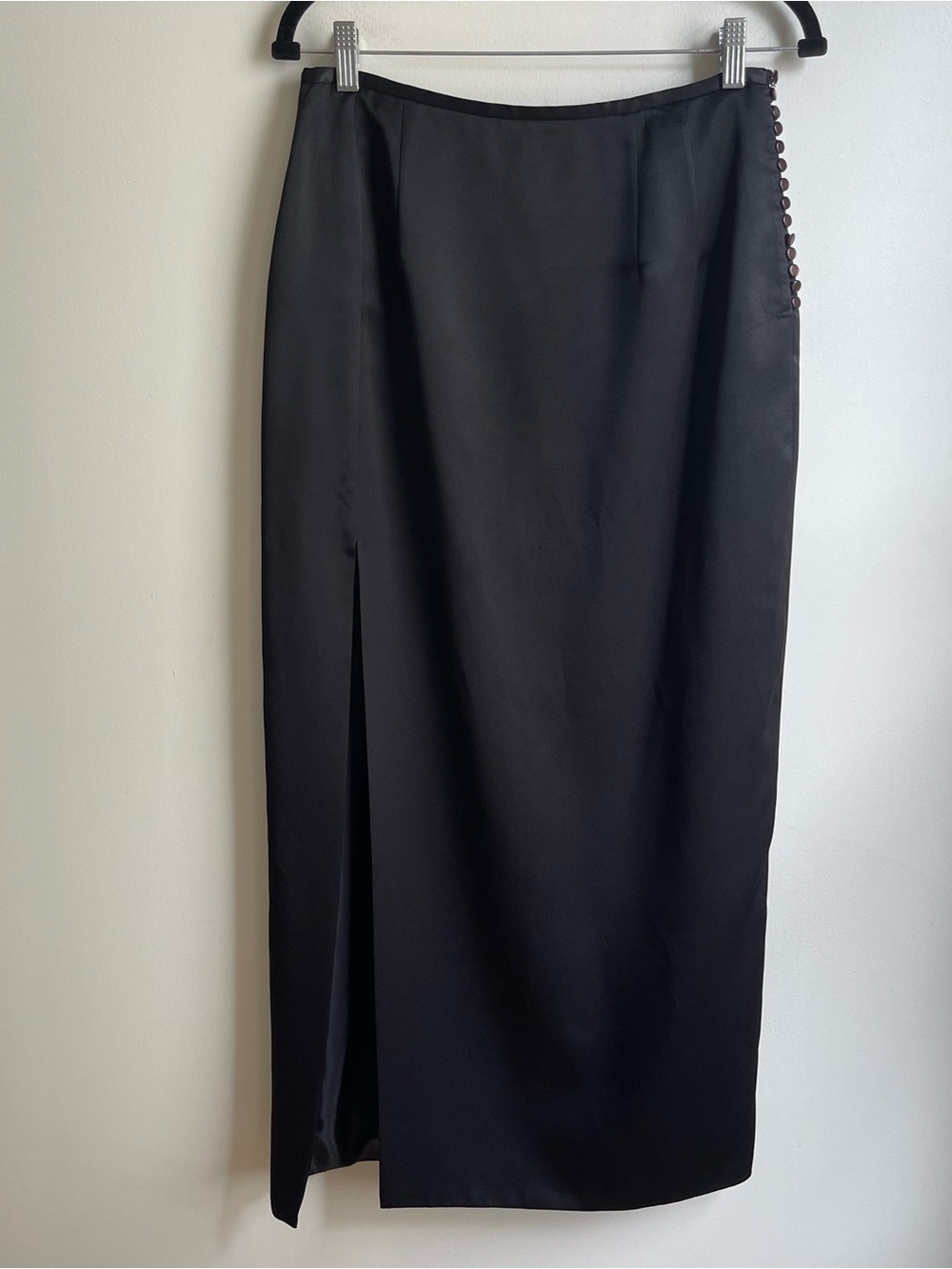 Vintage Harve Benard Black Satin Maxi Skirt Column Slit Buttons Cocktail Size 10